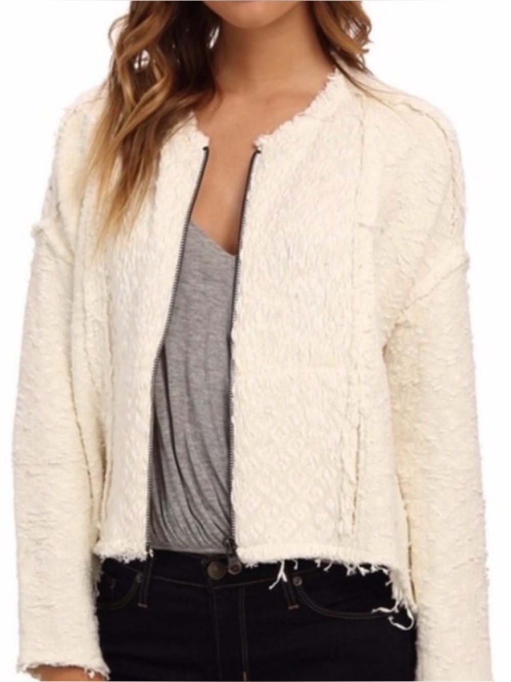 Free People Ivory Comb Textured Zip Jacket Sweater Size M NWT